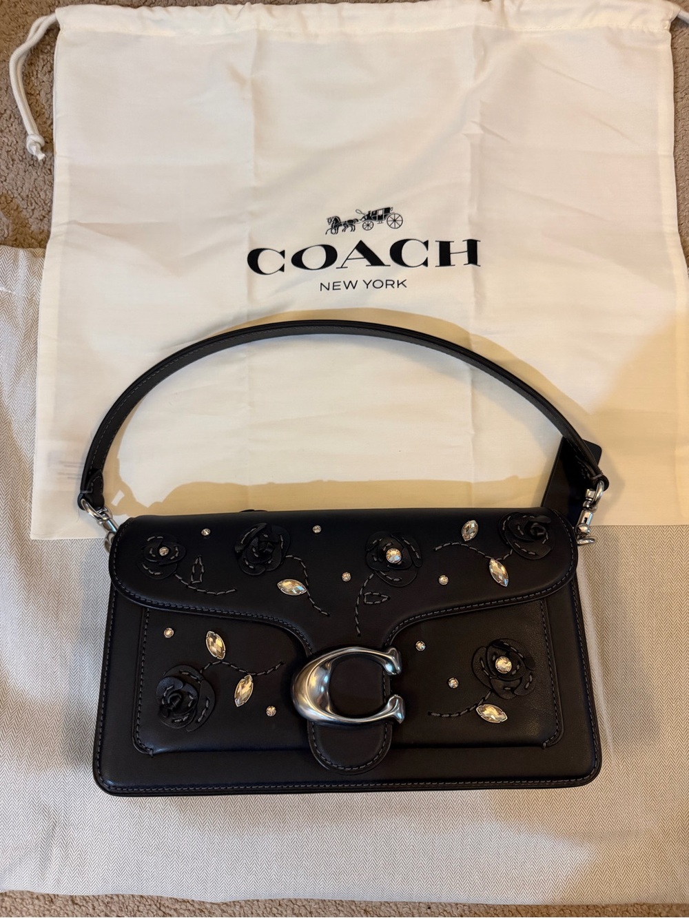 Coach Black Floral Appliqué Leather Shoulder Bag with Silver Hardware